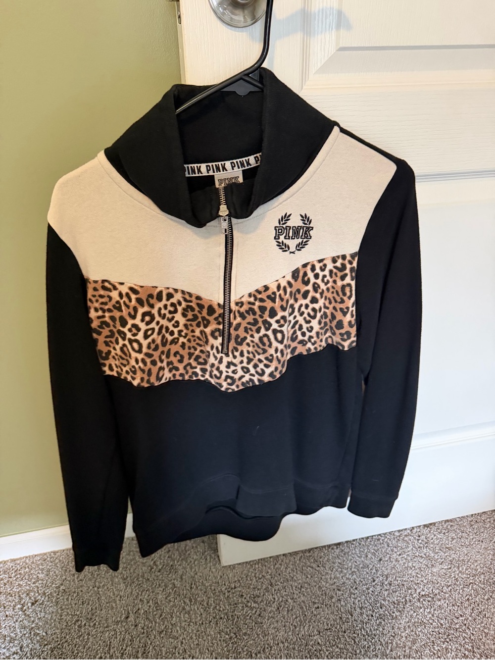 PINK Victoria's Secret Half-Zip Leopard Panel Sweatshirt - Black & Tan